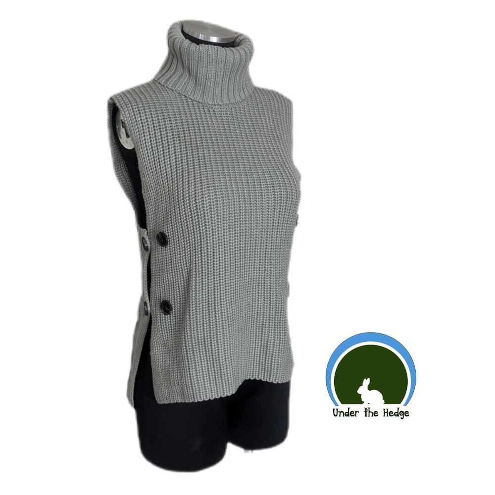 Zara Gray Chunky Knit Sleeveless Turtleneck Side Button Sweater Size Medium Chic